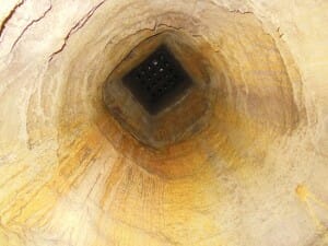 Looking up at one of the skylights inside the Jewish Rome catacomb